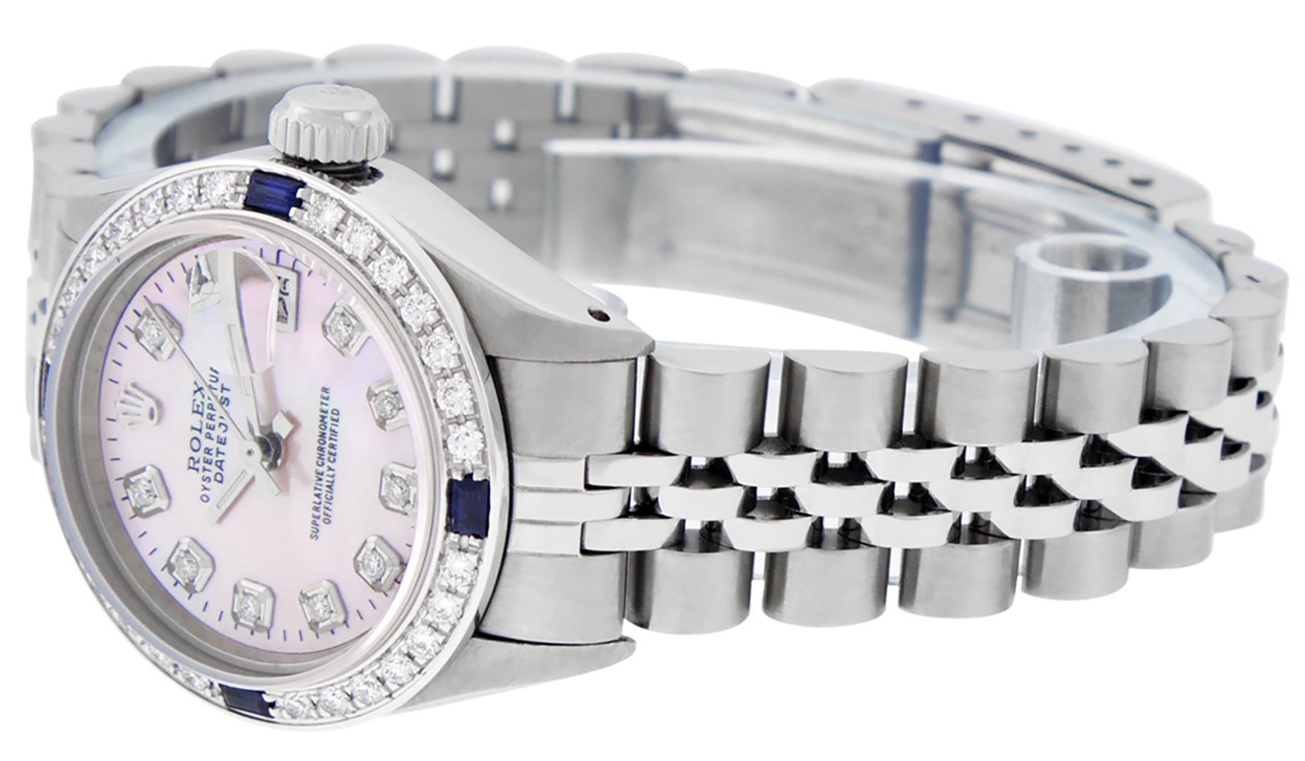 Rolex Ladies Stainless Steel Pink MOP Diamond & Sapphire 26MM Datejust Wristwatc