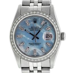 Rolex Mens Stainless Steel Blue MOP Baguette Diamond 36MM Datejust Wristwatch