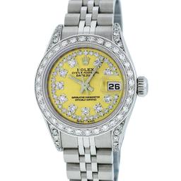 Rolex Ladies Stainless Steel 26MM Yellow String Diamond Lugs Datejust Wristwatch