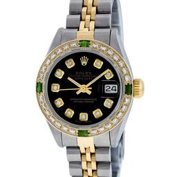 Rolex Ladies 2 Tone Black Diamond & Emerald 26mm Datejust Wristwatch