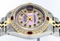 Rolex Ladies 2 Tone 14K Pink MOP Emerald & Ruby Datejust Wriswatch