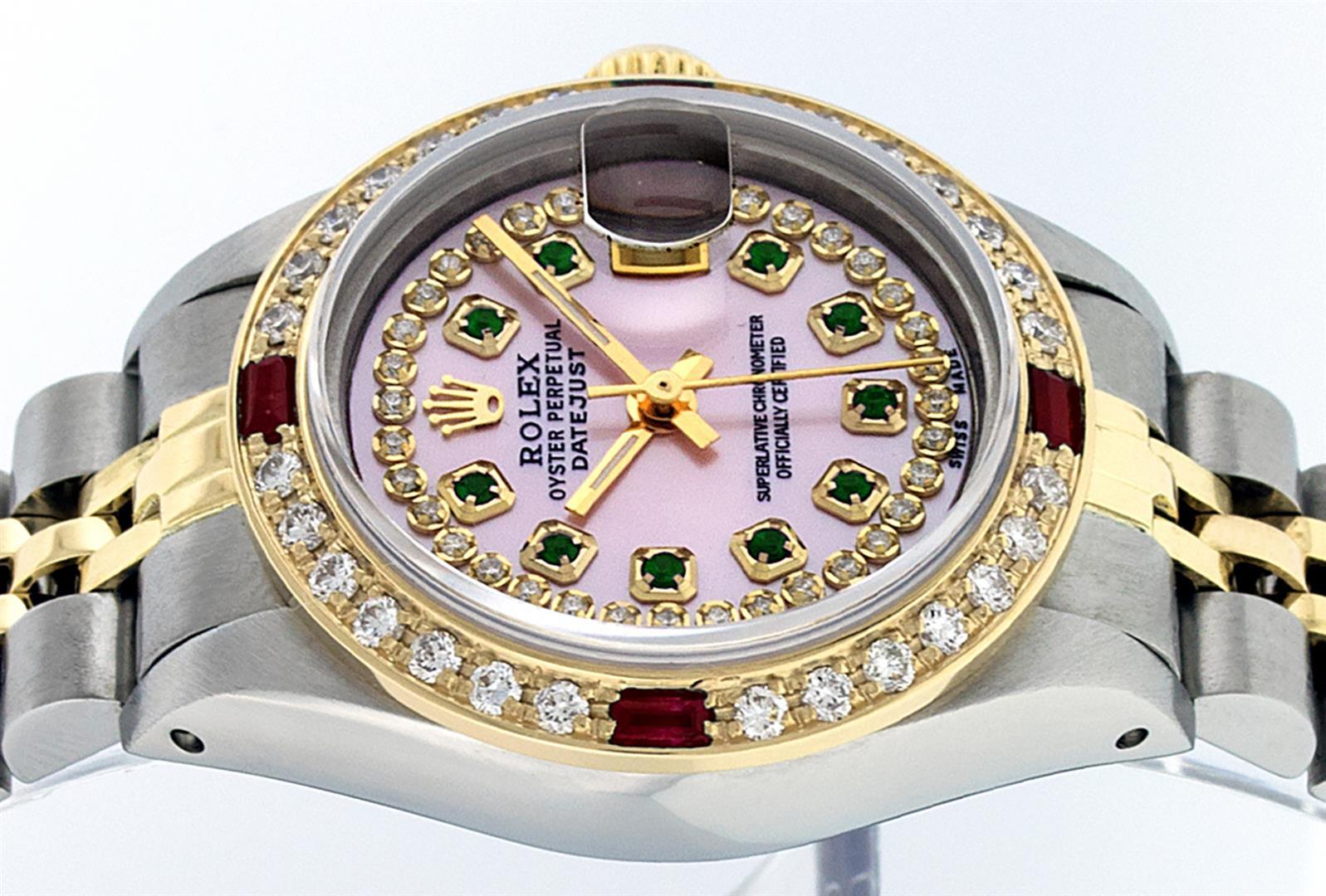 Rolex Ladies 2 Tone 14K Pink MOP Emerald & Ruby Datejust Wriswatch