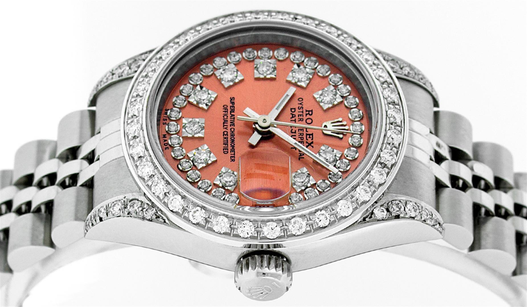 Rolex Ladies Stainless Steel Quickset Orange String Diamond Lugs Datejust Wristw