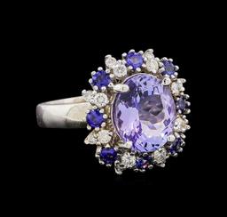 14KT White Gold 4.75 ctw Tanzanite, Sapphire and Diamond Ring