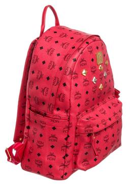 MCM Red Visetos Coated Canvas Leather Trim Studded Stark Medium Backpack