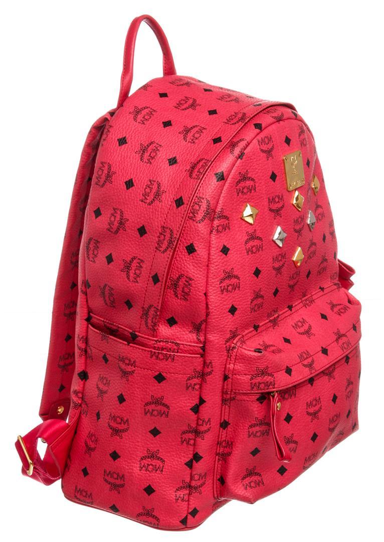 MCM Red Visetos Coated Canvas Leather Trim Studded Stark Medium Backpack