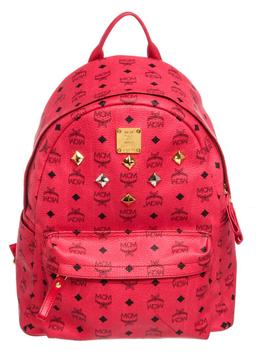 MCM Red Visetos Coated Canvas Leather Trim Studded Stark Medium Backpack