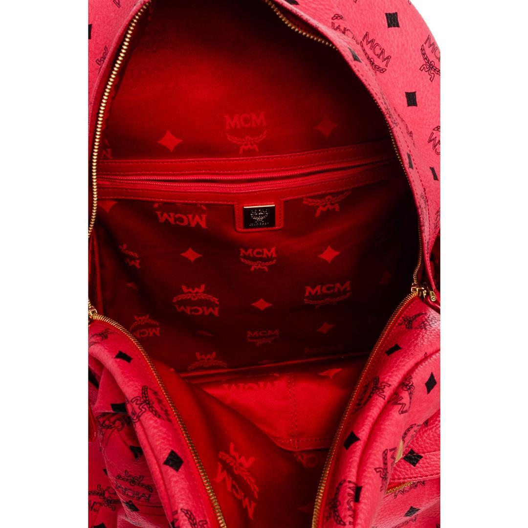 MCM Red Visetos Coated Canvas Leather Trim Studded Stark Medium Backpack