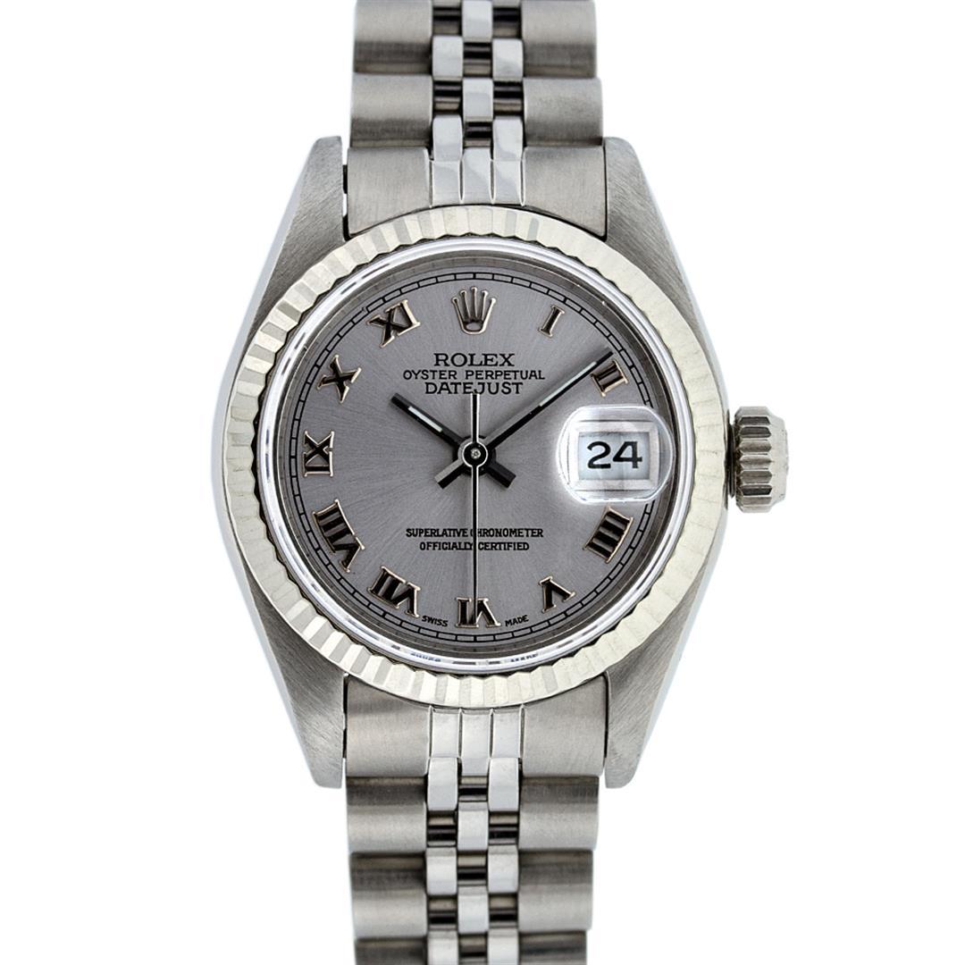 Rolex Ladies Stainless Steel Slate Grey Roman 26MM Datejust Wristwatch