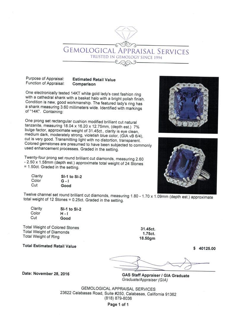 31.45 ctw Tanzanite and Diamond Ring - 14KT White Gold