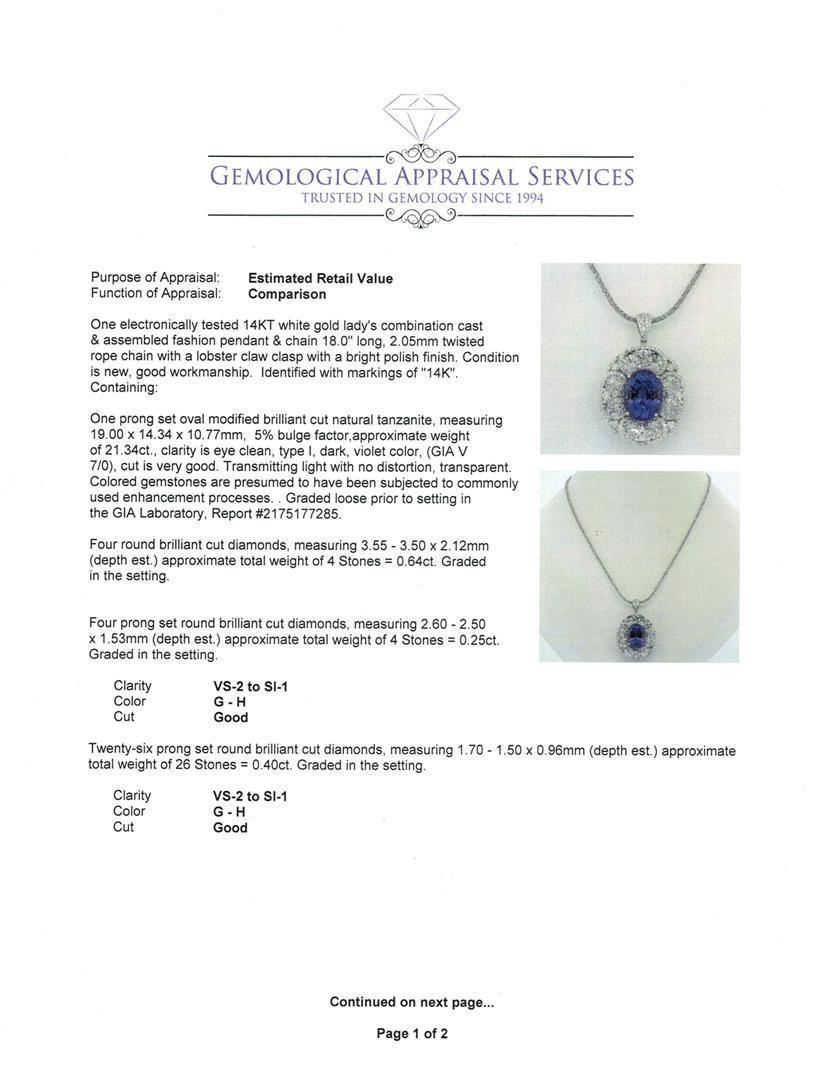 21.34 ctw GIA Cert Tanzanite and Diamond Pendant With Chain - 14KT White Gold