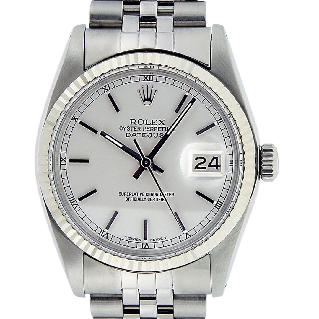 Rolex Mens Stainless Steel 36MM Silver Index Fluted Bezel Datejust Wristwatch
