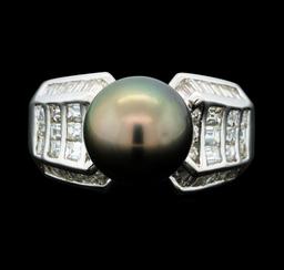 1.49 ctw Diamond and Black Pearl Ring - Palladium