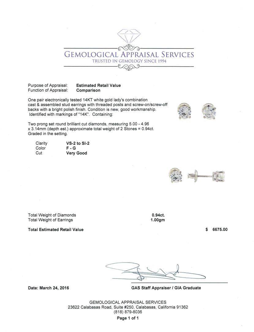 0.94 ctw Diamond Stud Earrings - 14KT White Gold