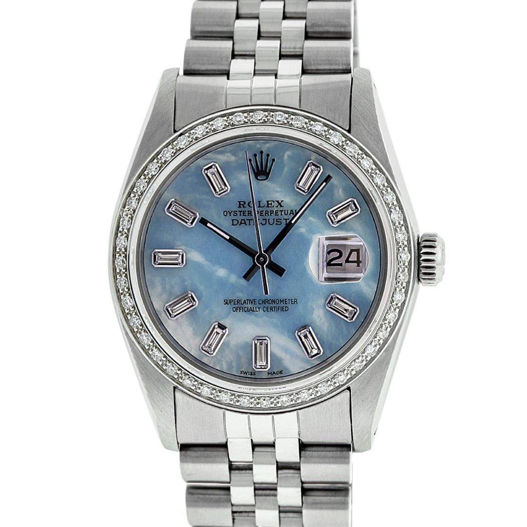 Rolex Mens Stainless Steel Blue MOP Baguette Diamond 36MM Datejust Wristwatch