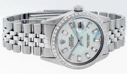 Rolex Mens Stainless Steel Blue MOP Baguette Diamond 36MM Datejust Wristwatch