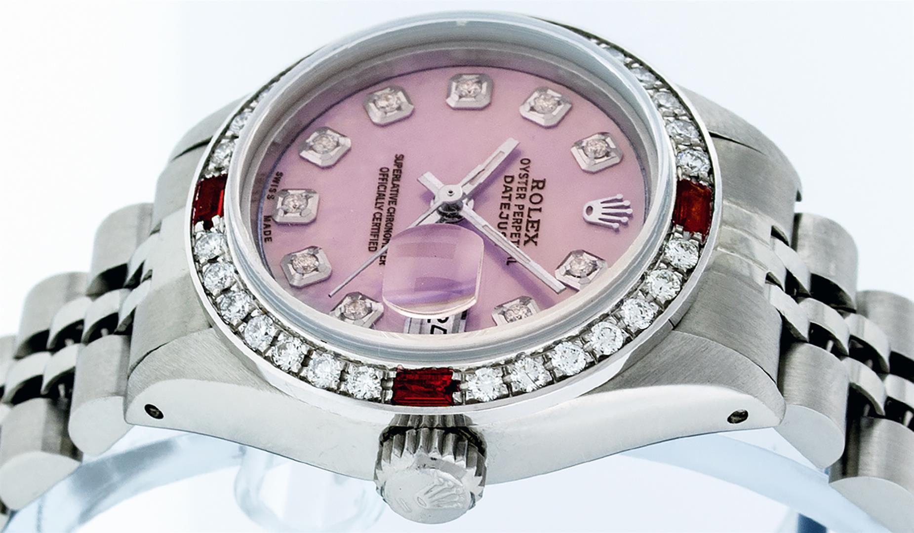 Rolex Ladies Stainless Steel Pink MOP Diamond & Ruby Datejust Wristwatch