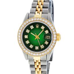 Rolex Ladies 2 Tone 14K Green Vignette VS Diamond Datejust Wristwatch