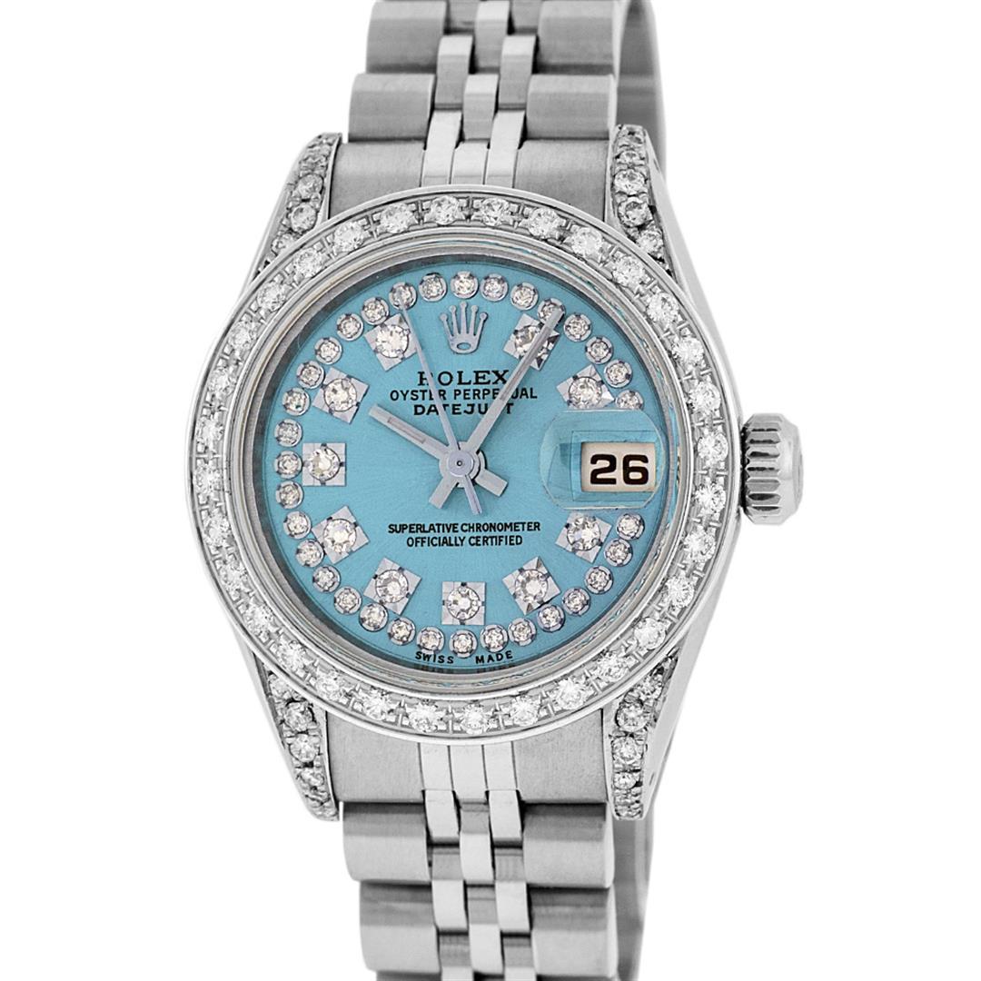 Rolex Ladies Stainless Steel 26MM Blue String Diamond Lugs Datejust Wristwatch