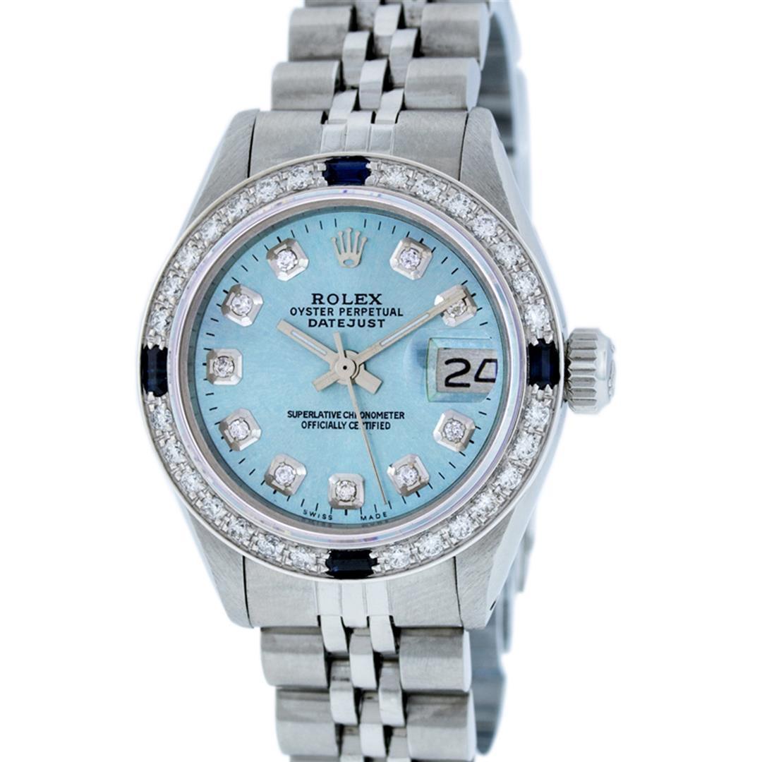 Rolex Ladies Stainless Steel Sky Blue Diamond & Sapphire Datejust Wristwatch