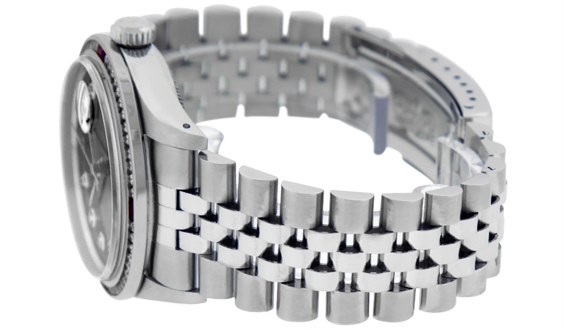 Rolex Mens SS Black Diamond & Ruby Channel Set Diamond Datejust Wristwatch