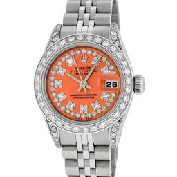 Rolex Ladies Stainless Steel Quickset Orange String Diamond Lugs Datejust Wristw