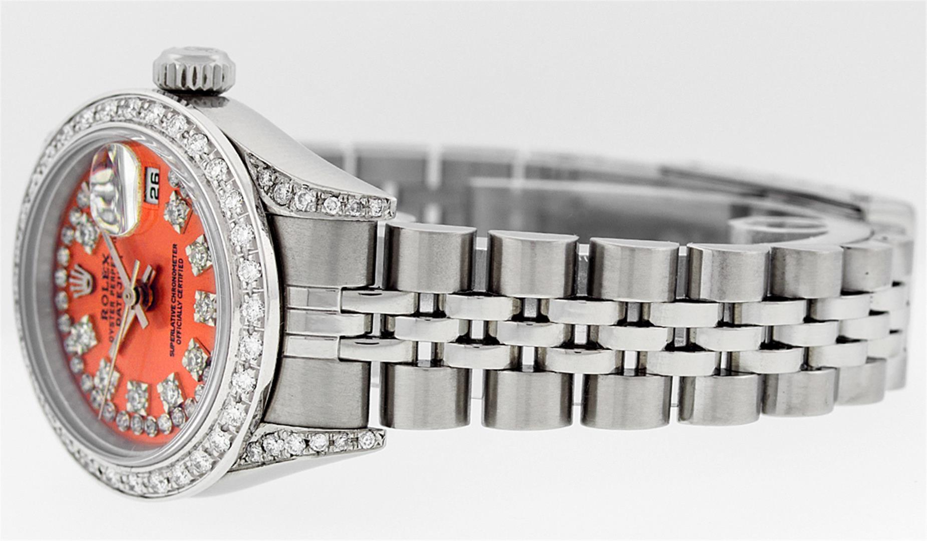 Rolex Ladies Stainless Steel Quickset Orange String Diamond Lugs Datejust Wristw