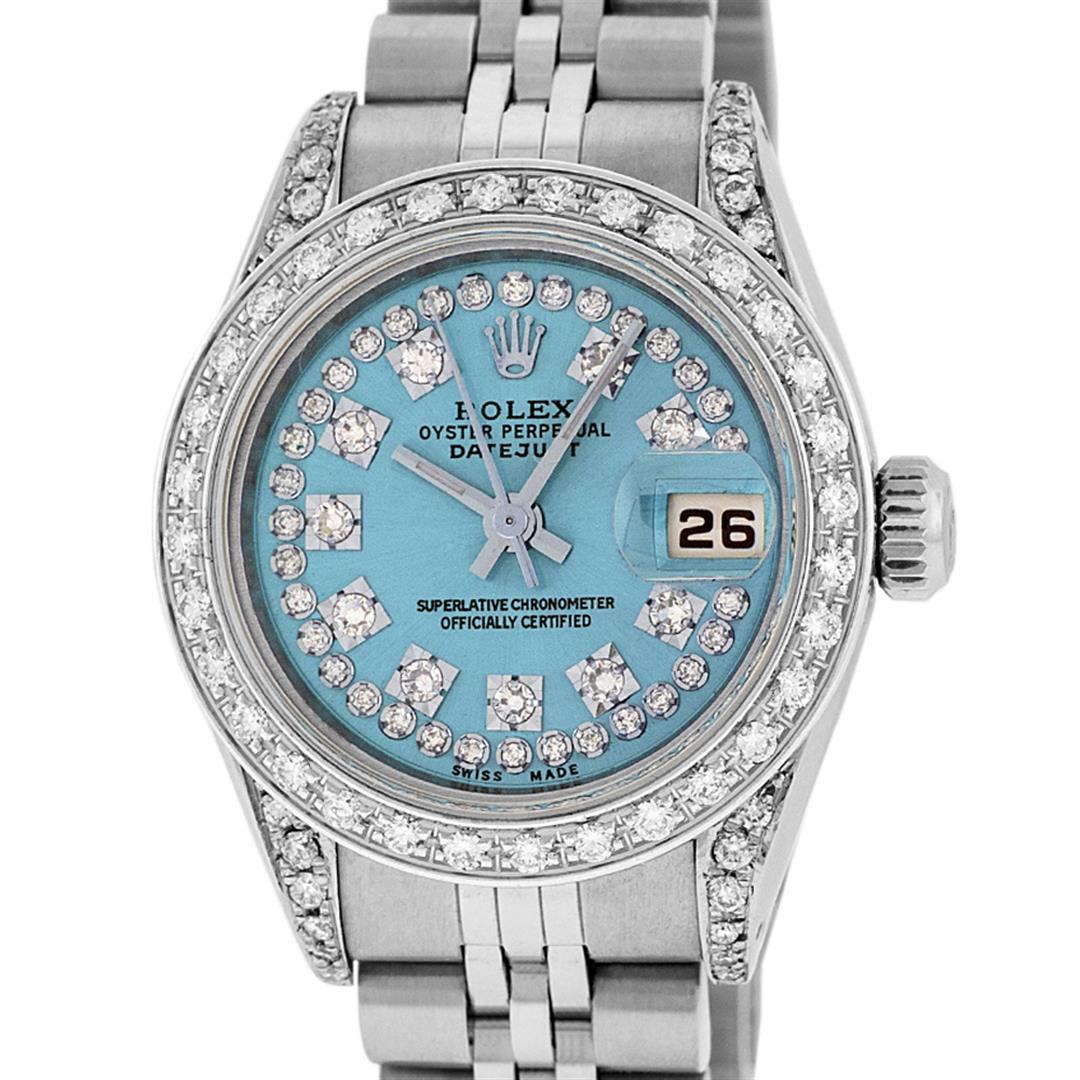 Rolex Ladies Stainless Steel 26MM Blue String Diamond Lugs Datejust Wristwatch