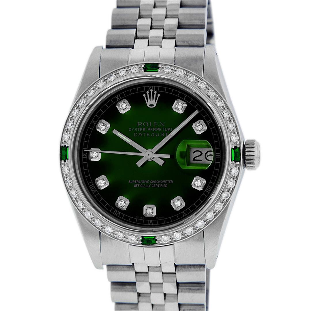 Rolex Mens Stainless Steel Green Vignette Diamond Datejust Wristwatch