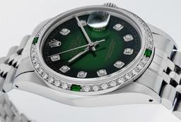 Rolex Mens Stainless Steel Green Vignette Diamond Datejust Wristwatch