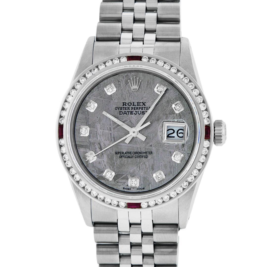 Rolex Mens SS Meteorite Diamond & Ruby Channel Set Diamond Datejust Wristwatch