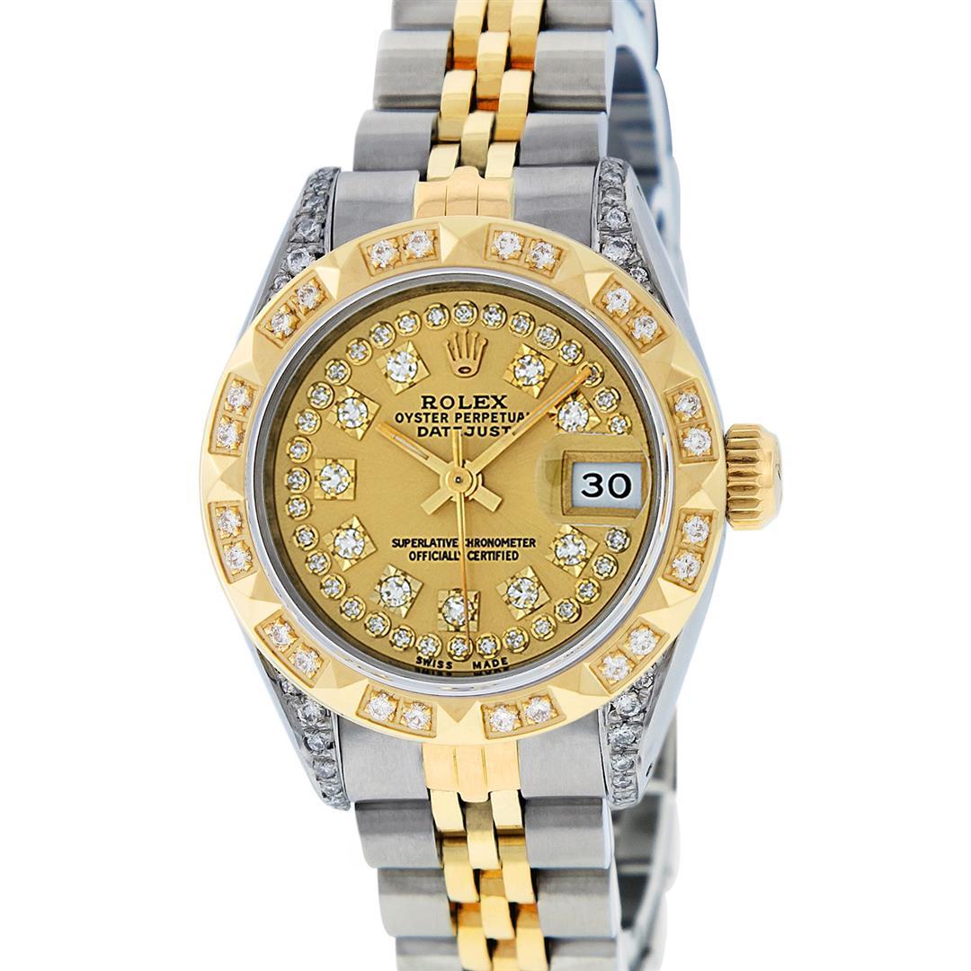 Rolex Ladies 2 Tone 14K Champagne Diamond Lugs & Pyramid Datejust Wriswatch