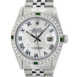 Rolex Mens Stainless Steel Silver MOP Roman 36MM Diamond & Emerald Datejust Wris