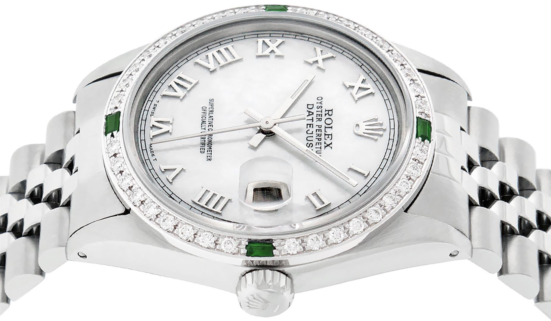 Rolex Mens Stainless Steel Silver MOP Roman 36MM Diamond & Emerald Datejust Wris