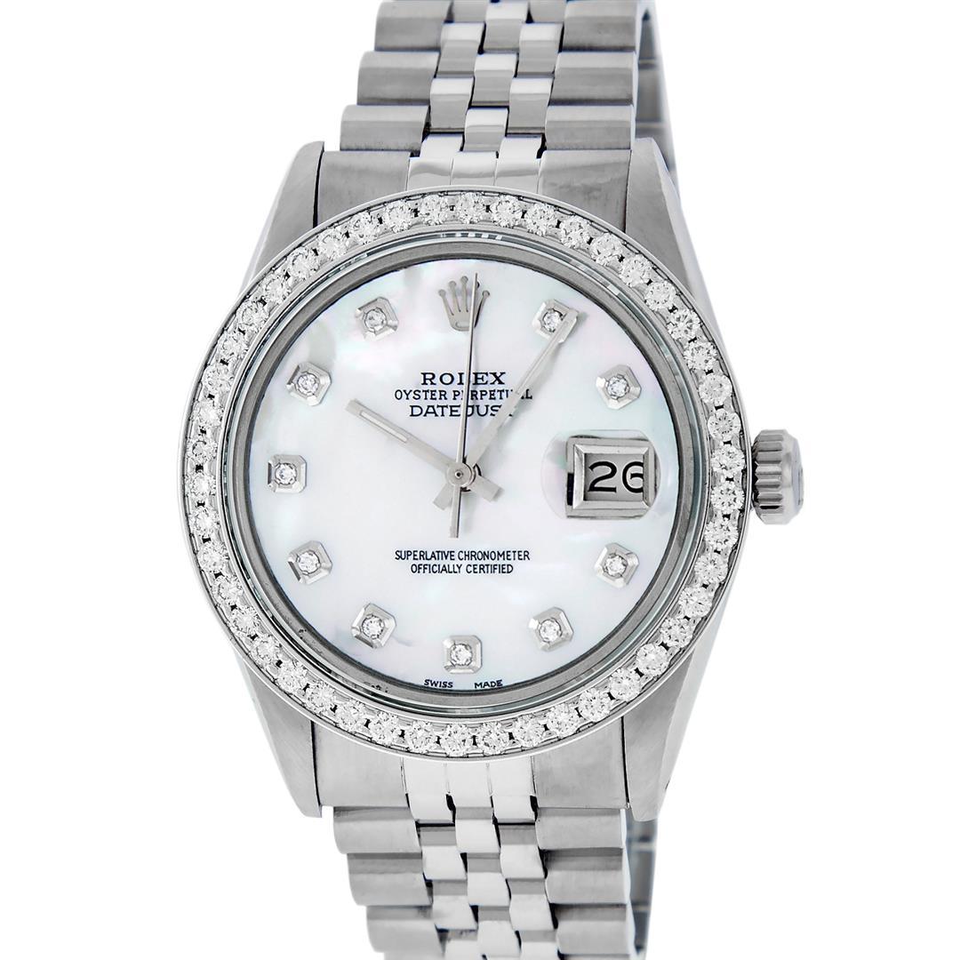 Rolex Mens Stainless Steel Mother Of Pearl Diamond 36MM Datejust Wristwatch