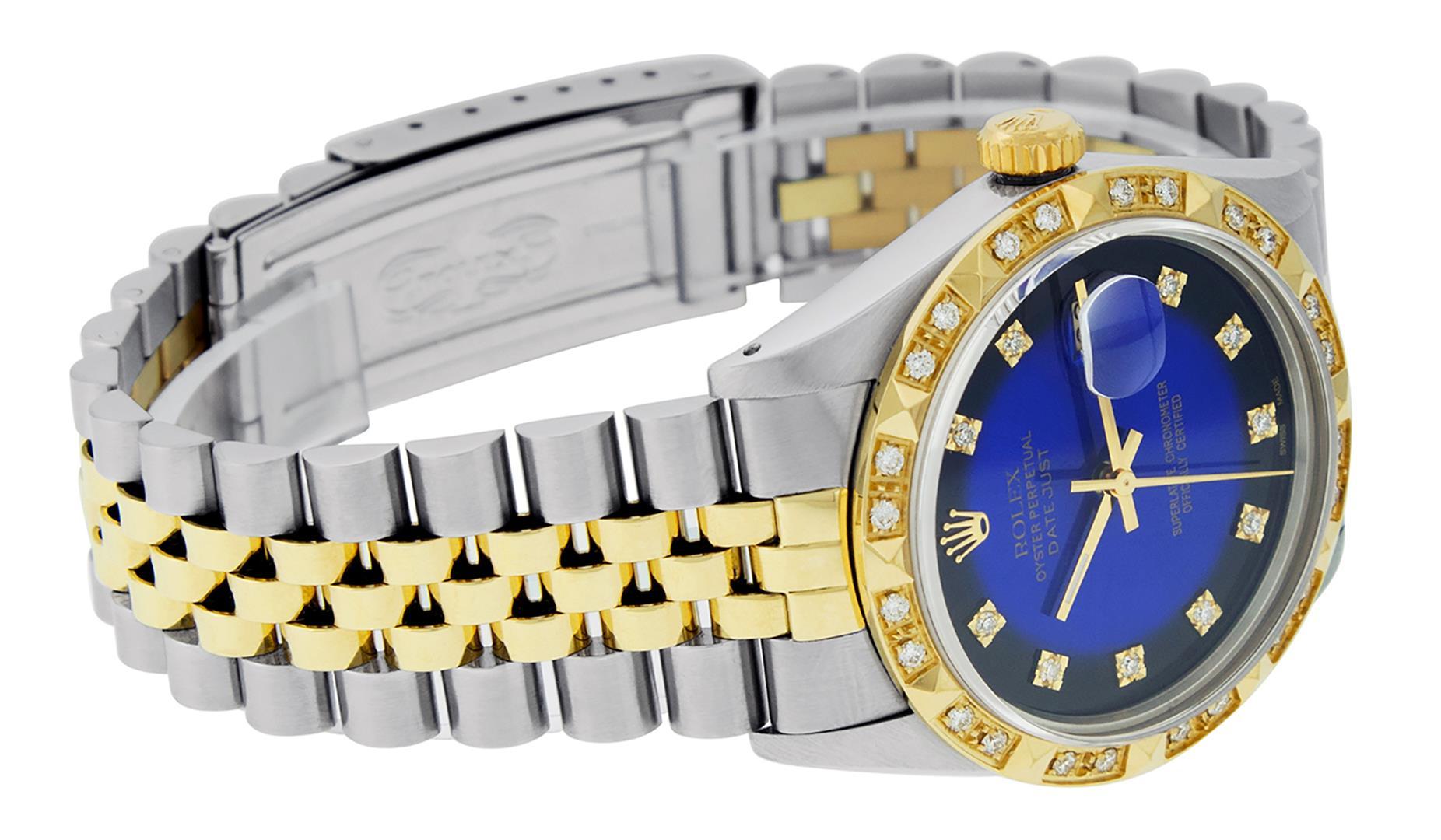 Rolex Mens 2 Tone 14K Blue Vignette String Pyramid Diamond Datejust Wristwatch