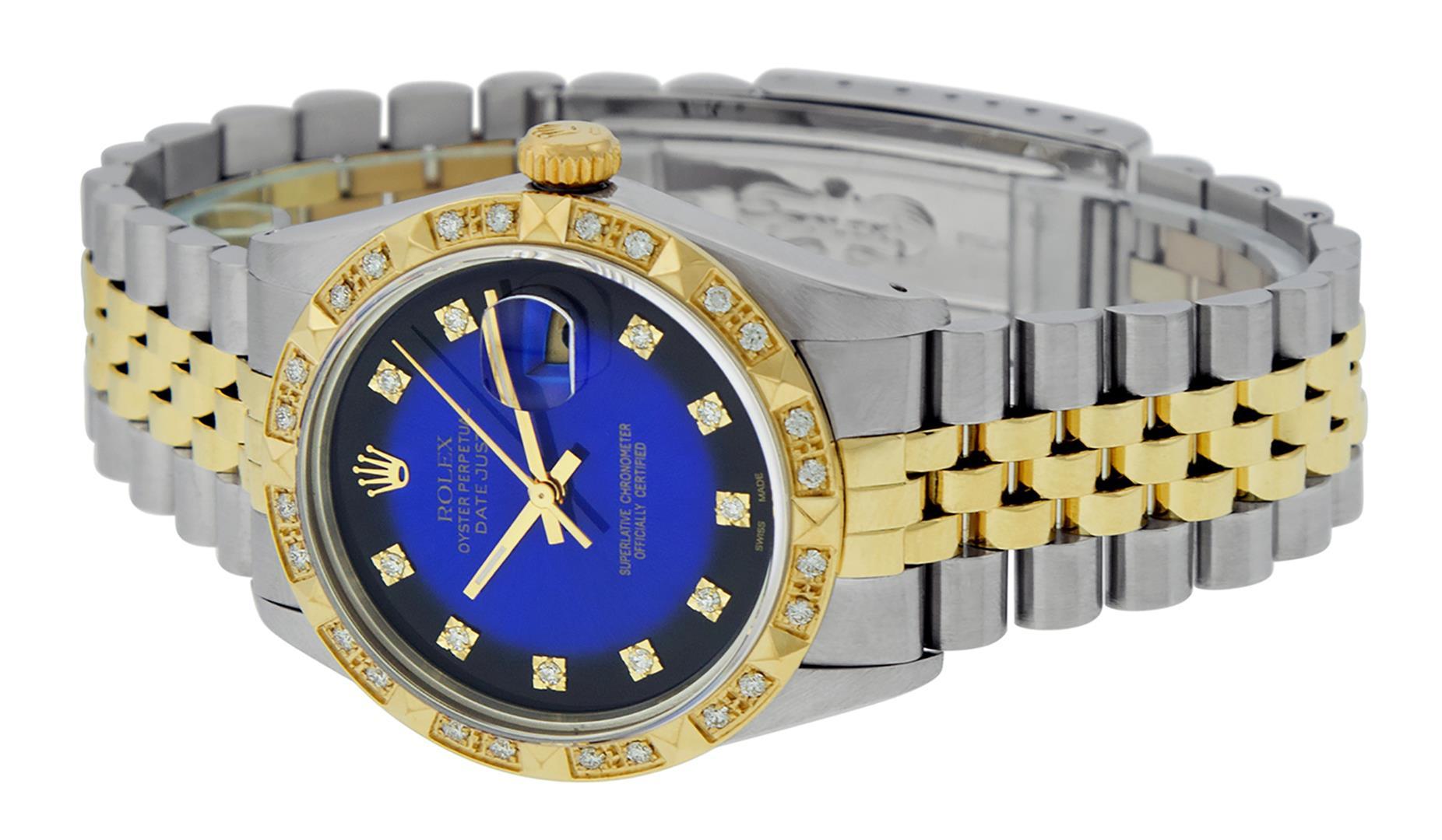 Rolex Mens 2 Tone 14K Blue Vignette String Pyramid Diamond Datejust Wristwatch