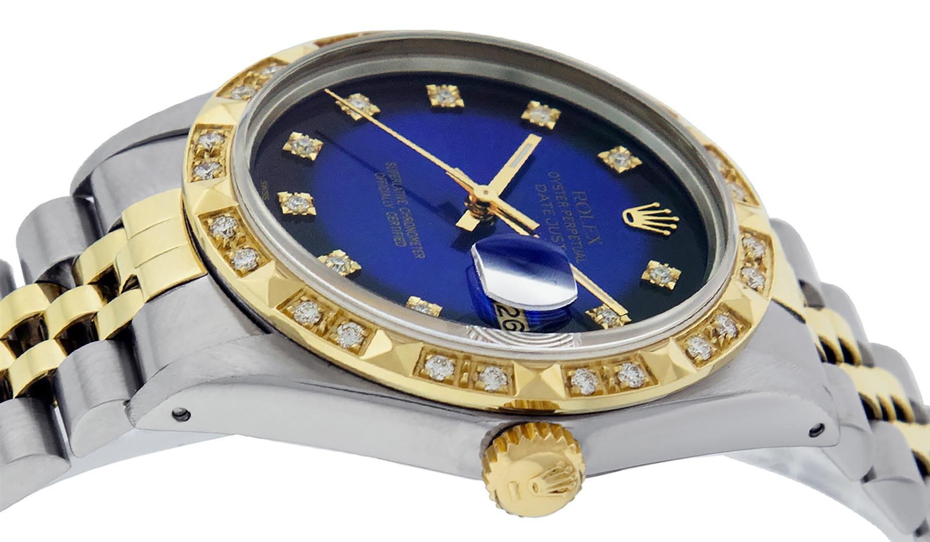 Rolex Mens 2 Tone 14K Blue Vignette String Pyramid Diamond Datejust Wristwatch