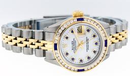 Rolex Ladies 2 Tone 14K MOP Sapphire & Diamond Channel Set Datejust Wristwatch