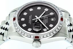Rolex Mens Stainless Steel Black Diamond & Ruby 36MM Datejust Wristwatch