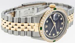 Rolex Mens 2 Tone 14K Black String Diamond & Emerald 36MM Datejust Wristwatch