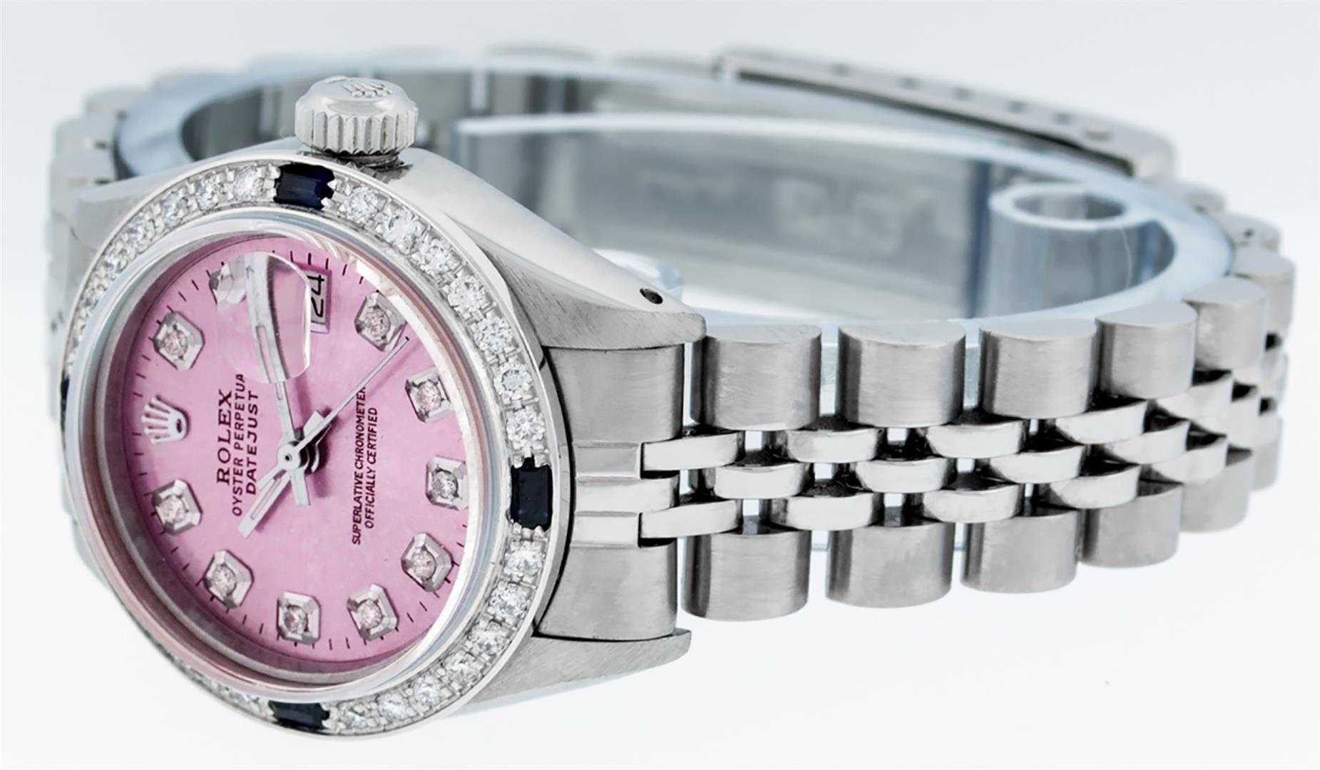 Rolex Ladies Stainless Steel Pink Diamond & Sapphire Datejust Wristwatch