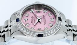 Rolex Ladies Stainless Steel Pink Diamond & Sapphire Datejust Wristwatch