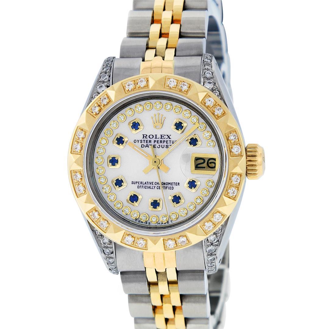 Rolex Ladies 2 Tone 14K MOP Sapphire & Pyramid Diamond Datejust Wriswatch