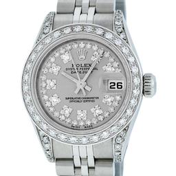 Rolex Ladies Stainless Steel Quickset Slate Grey Diamond Lugs Datejust Wristwatc