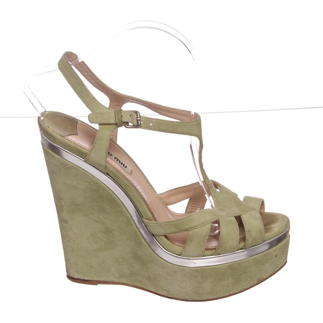 Miu Miu Pistacchio Suede Camoscio Lame Wedges Heels Shoes