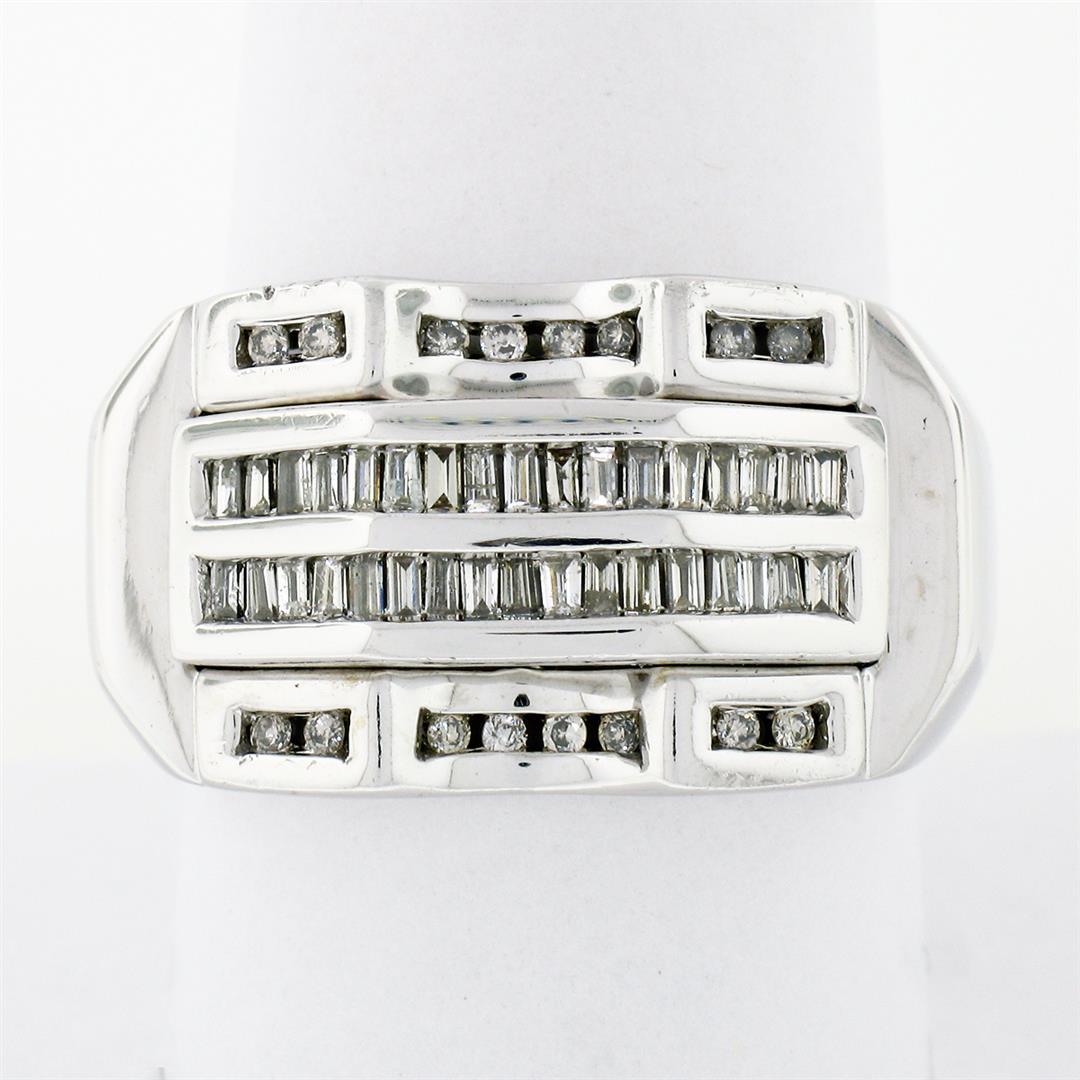 Large Mens 14K White Gold .90 ctw Round & Baguette Diamond  Channel Band Ring