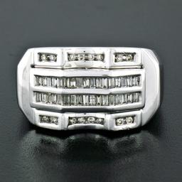 Large Mens 14K White Gold .90 ctw Round & Baguette Diamond  Channel Band Ring