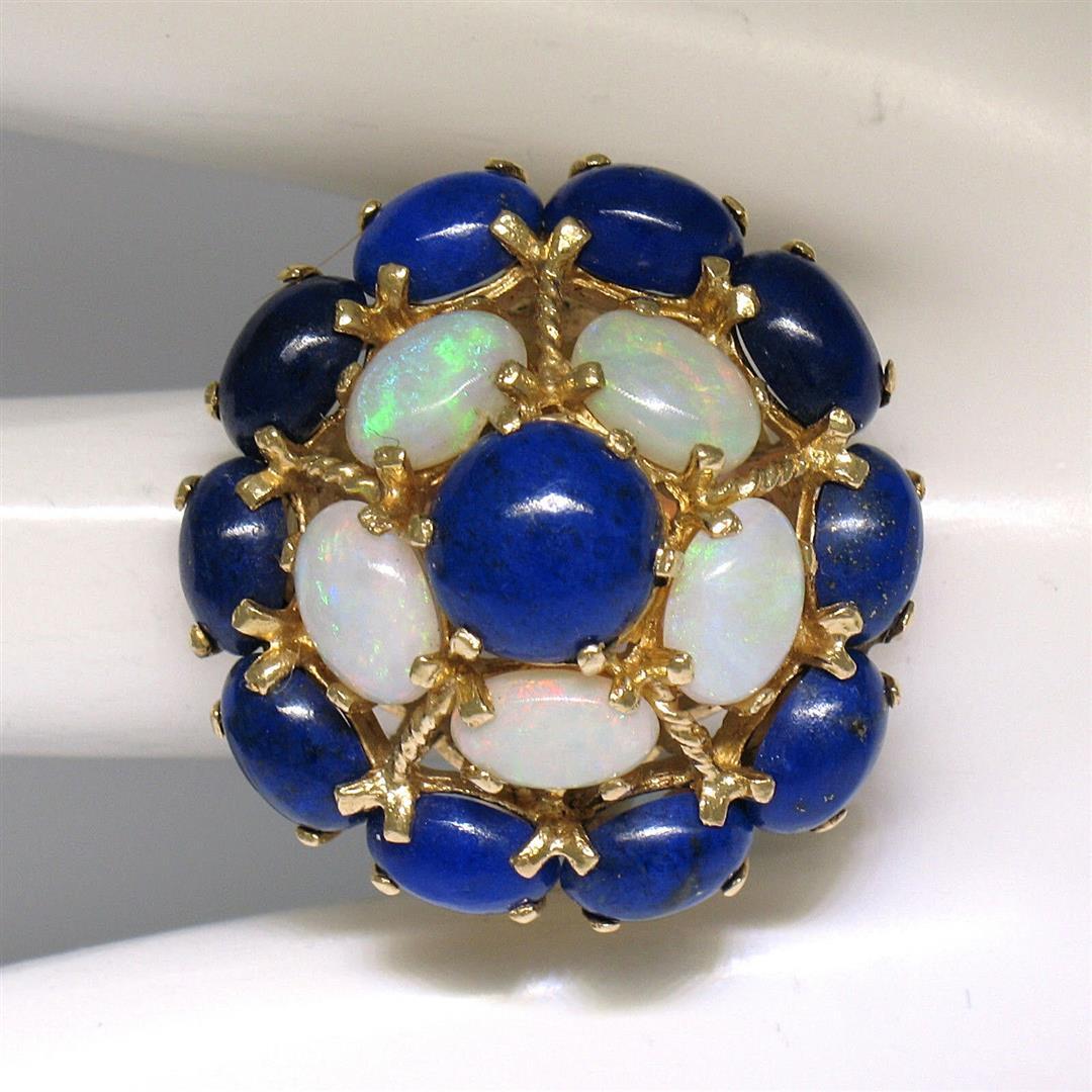 14k Yellow Gold Opal & Lapis Flower Cluster Dome Cocktail Ring