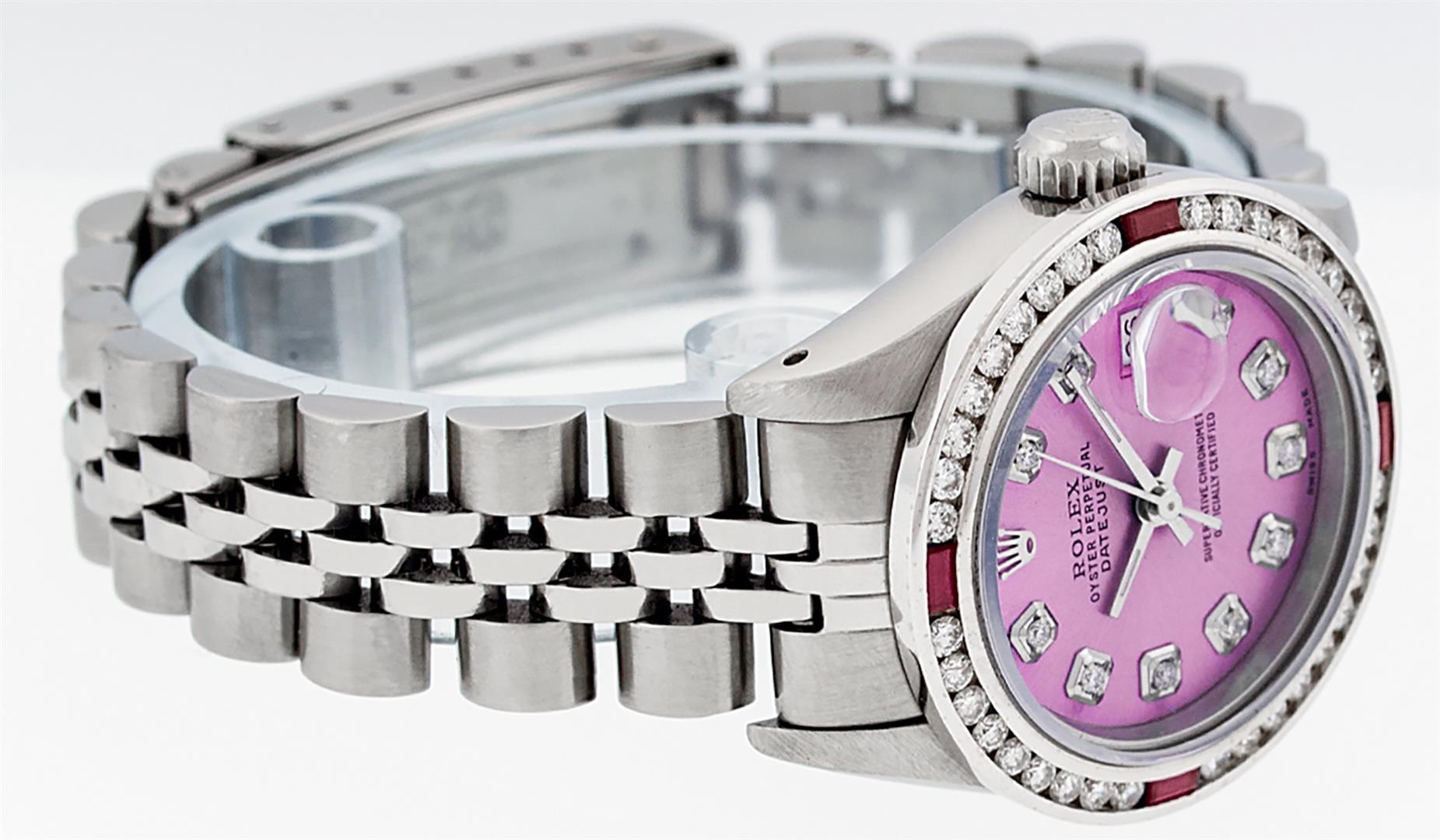 Rolex Ladies Stainless Steel Pink Diamond & Channel Ruby Datejust Wristwatch